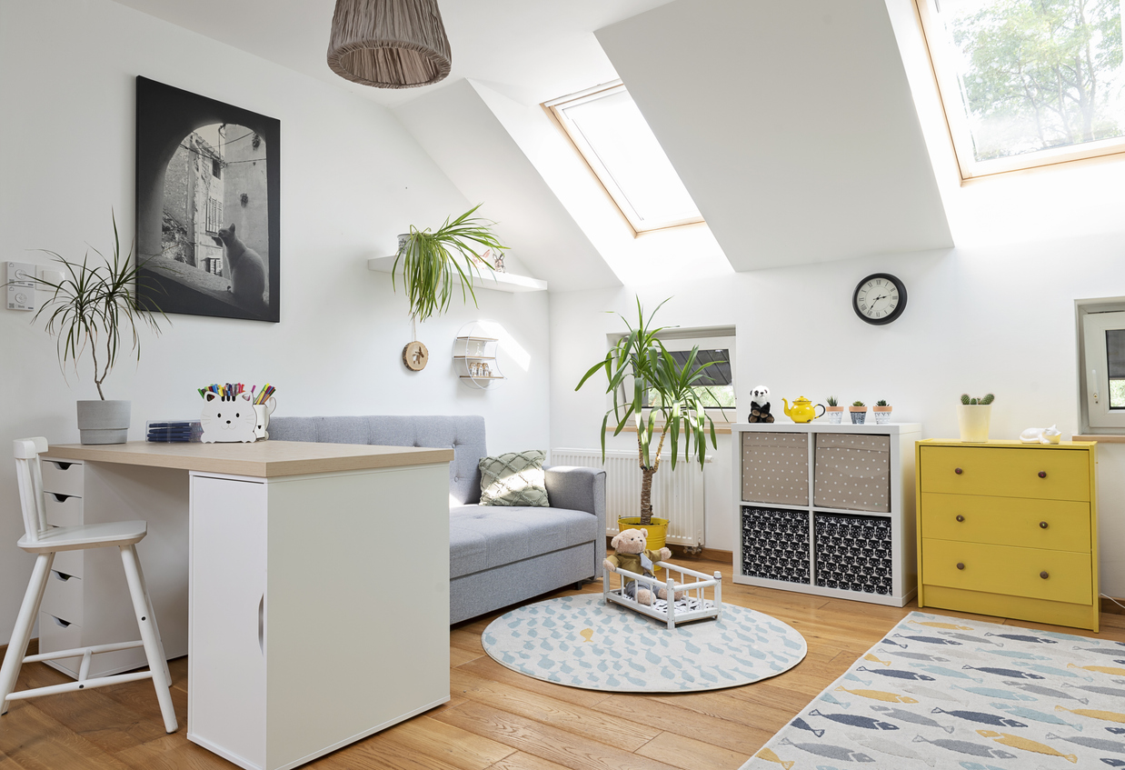 Garage conversion to bright home office and living space with Velux skylights — Hampshire Build garage conversion design service