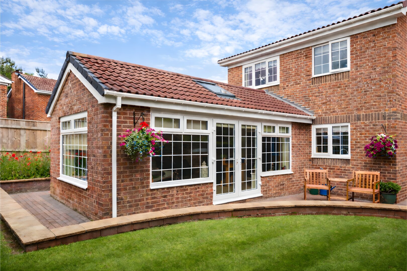 Beautiful brick home extension with large windows, hanging baskets and manicured garden in Hampshire